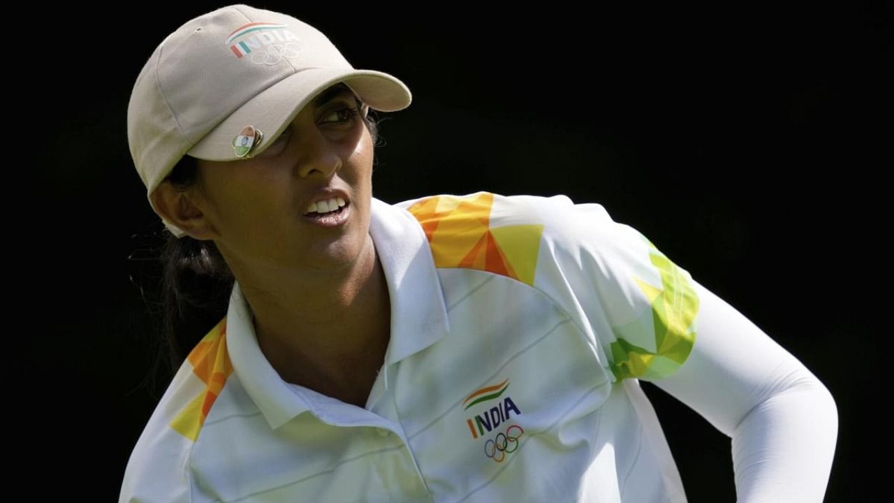Aditi Ashok, of India, watches her tee shot on the third hole during the final round of the women's golf event at the 2020 Summer Olympics, Saturday. Credit: AP/PTI Photo