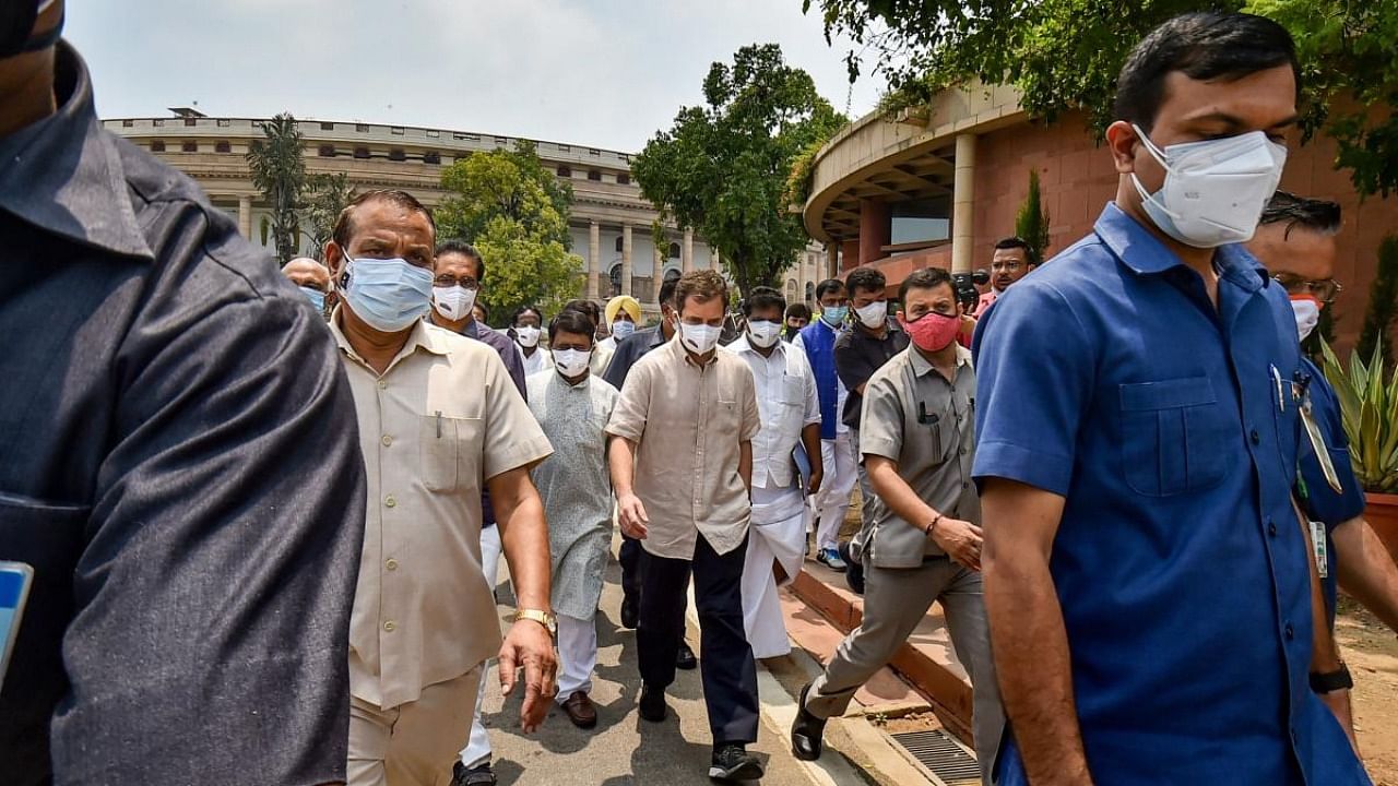 Congress leader Rahul Gandhi with opposition leaders during a protest march to attend the farmers protest at Jantar Mantar, during the Monsoon Session of Parliament in New Delhi, Friday, August 6, 2021. Credit: PTI Photo