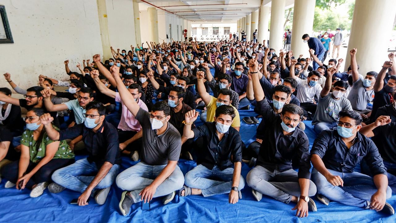 Resident doctors shout slogans during a strike regarding their demands. Credit: PTI Photo