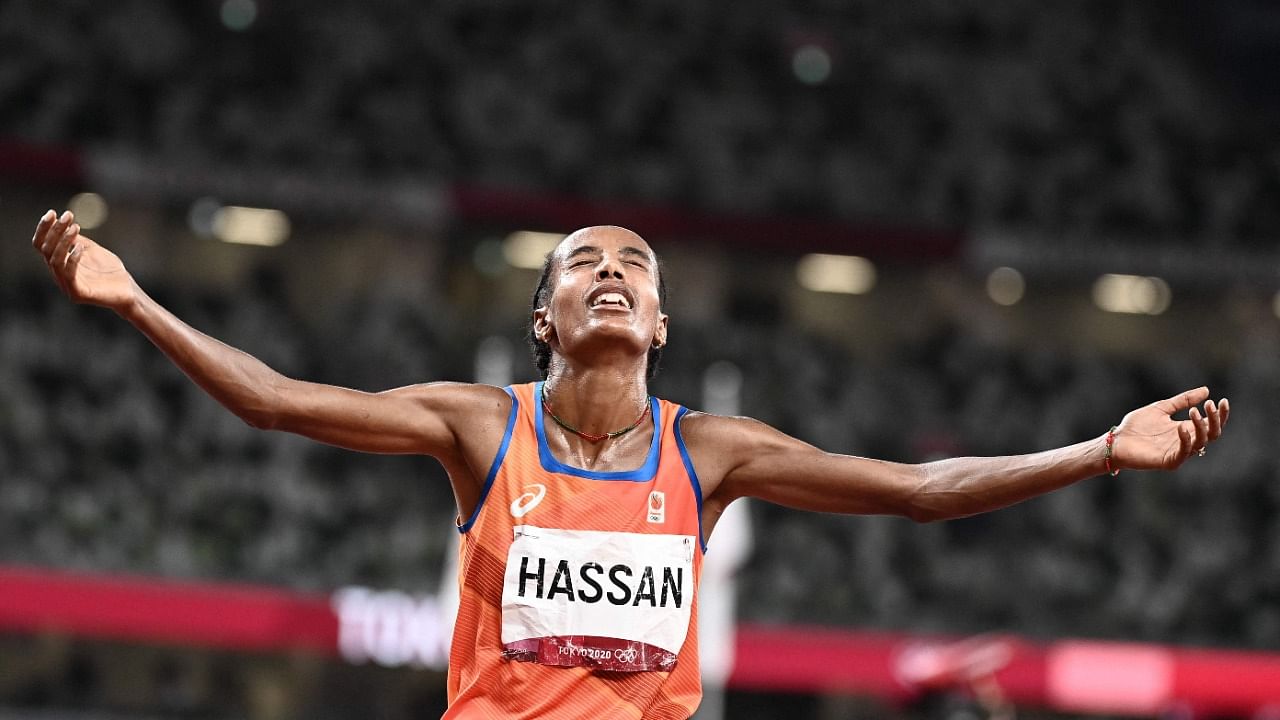Netherlands' Sifan Hassan celebrates after winning the women's 10,000m final during the Tokyo 2020 Olympic Games at the Olympic Stadium in Tokyo. Credit: AFP Photo