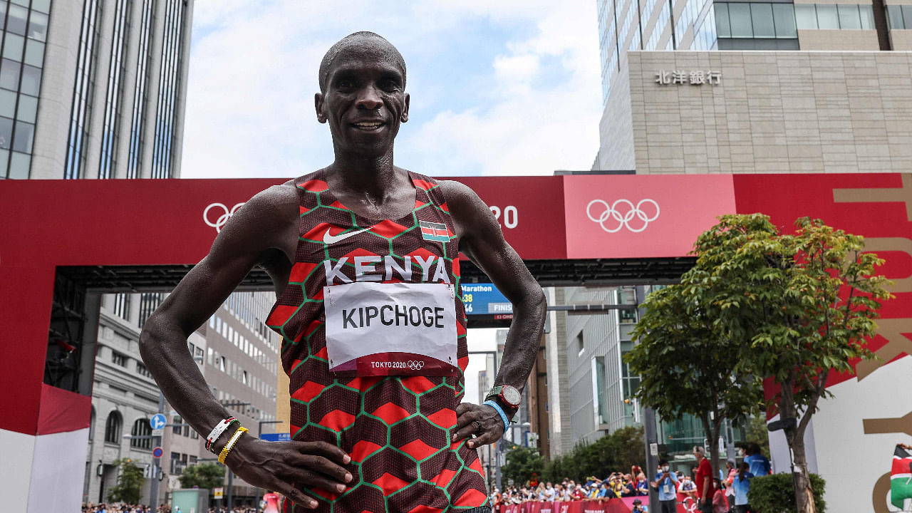 Kenya's Eliud Kipchoge poses after winning the men's marathon final during the Tokyo 2020 Olympic Games in Sapporo. Credit: AFP Photo