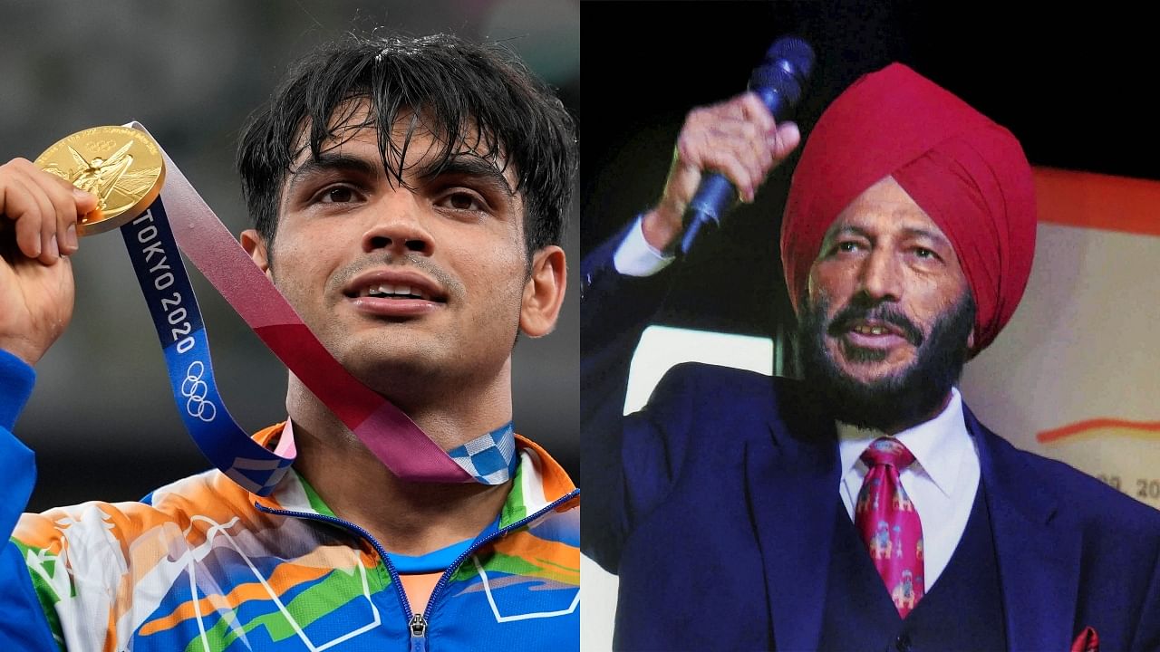 Newly-crowned Olympic gold-medallist Neeraj Chopra and sprint legend Milkha Singh. Credit: AP/PTI Photo