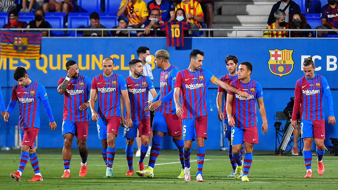 Barcelona's celebrate their second goal during the 56th Joan Gamper Trophy friendly football match between Barcelona and Juventus at the Johan Cruyff Stadium in Sant Joan Despi near Barcelona. Credit: AFP Photo