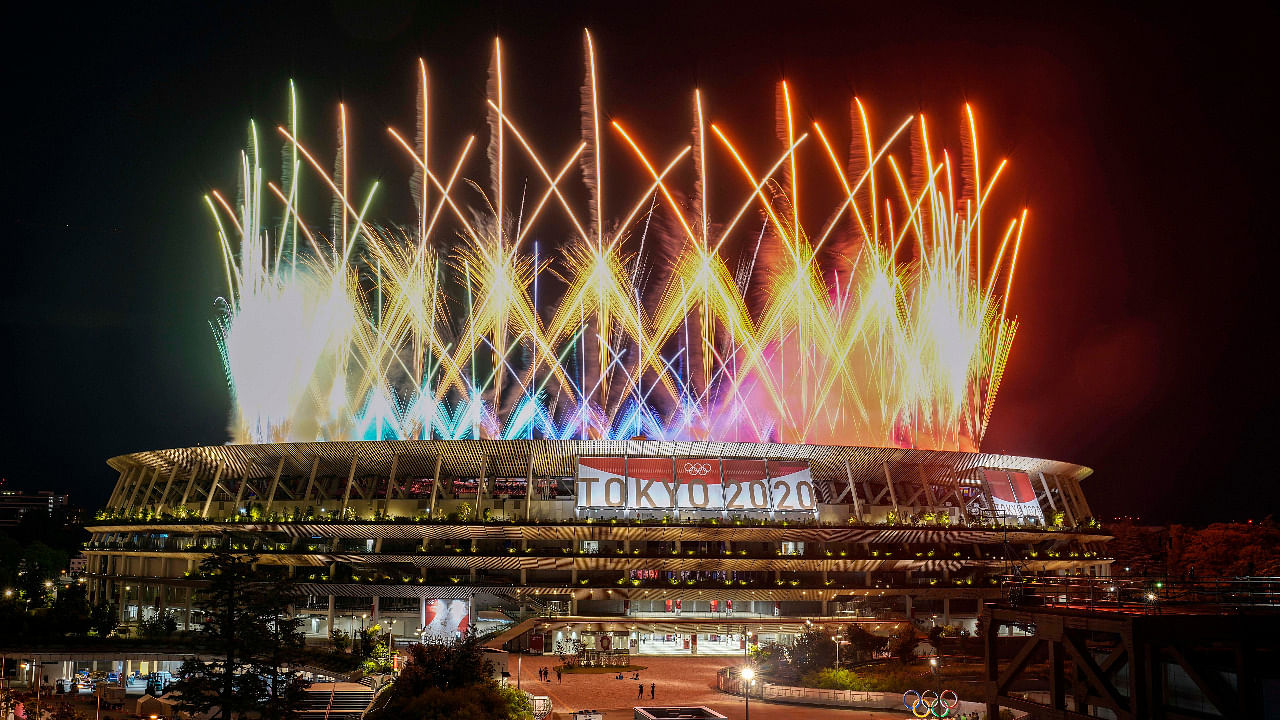 Fireworks illuminate over National Stadium during the closing ceremony of the 2020 Tokyo Olympics. Credit: AP Photo