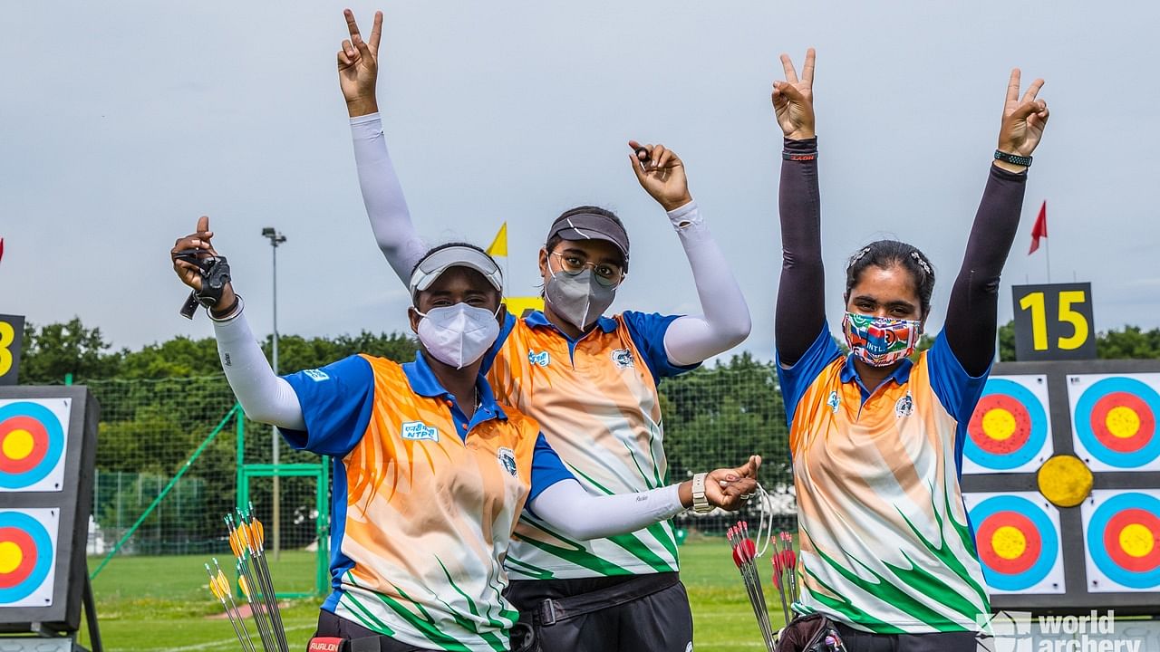 The girls team of Priya Gurjar, Parneet Kaur and Ridhu Senthilkumar combined for a total of 2067 to better the previous record by 22 points. Credit: Twitter/@worldarchery