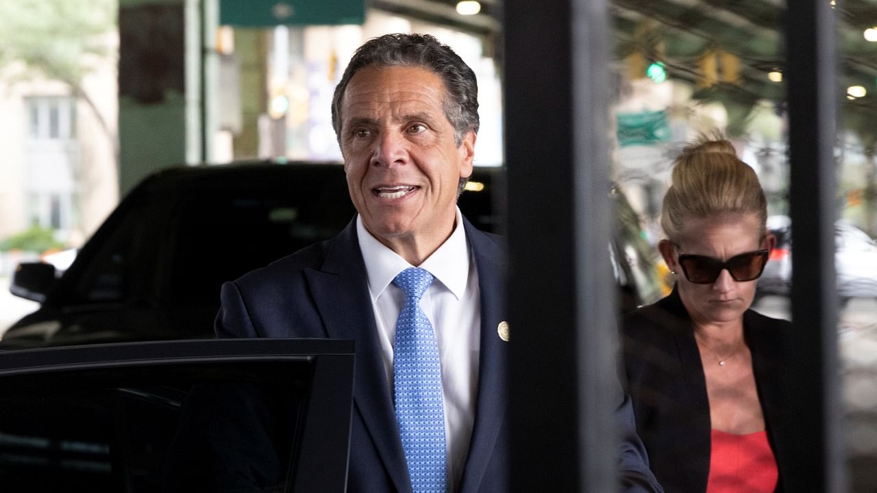 New York Governor Andrew Cuomo arrives to depart in his helicopter after announcing his resignation in Manhattan, New York City. Credit: Reuters photo