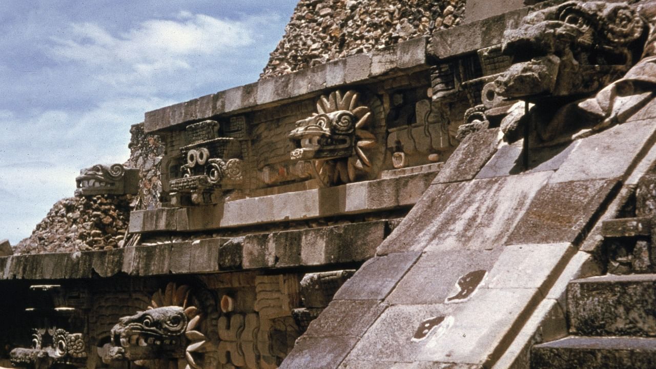 Detail of figures on the Temple of Quetzalcoatl at Teotihuacan, near Mexico City. Credit: Getty images