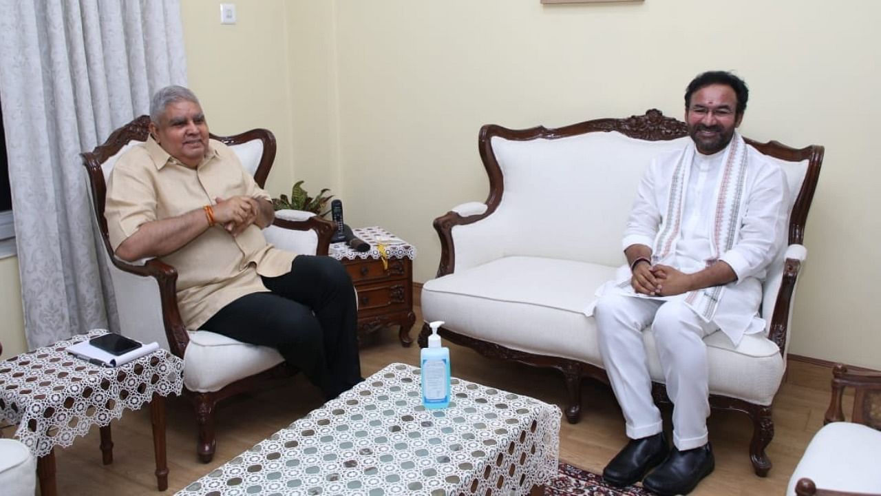 West Bengal Governor Jagdeep Dhankhar meets Union Minister of Culture G Kishan Reddy. Credit: Twitter/@jdhankhar1