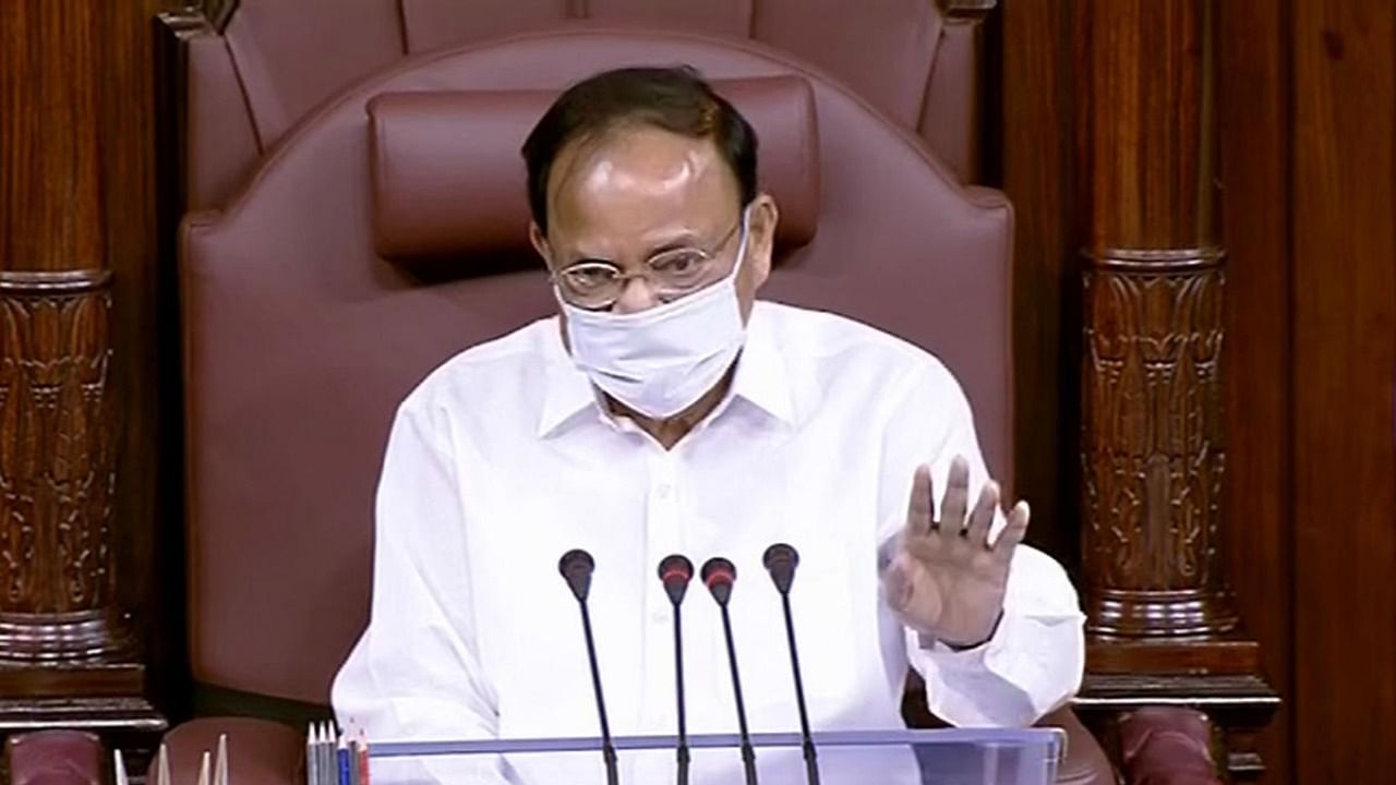 Rajya Sabha Chairman M Venkaiah Naidu conducts proceedings in the House during the Monsoon Session of Parliament, in New Delhi. Credit: PTI Photo