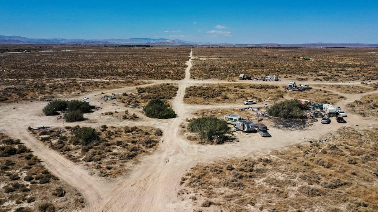 An aerial view shows an homeless encampment during a heatwave, located north of Lancaster, a charter city in northern Los Angeles County, California. Credit: Reuters Photo