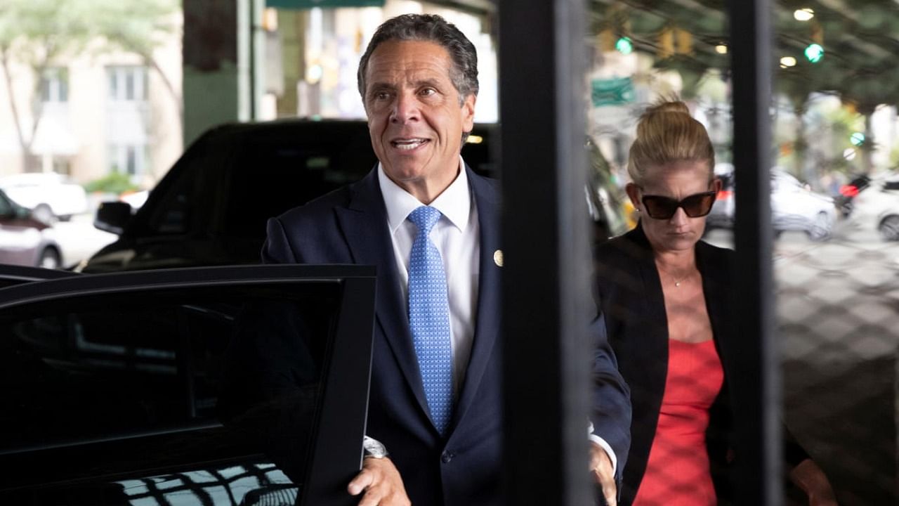 New York Governor Andrew Cuomo arrives to depart in his helicopter after announcing his resignation in Manhattan, New York City. Credit: Reuters Photo