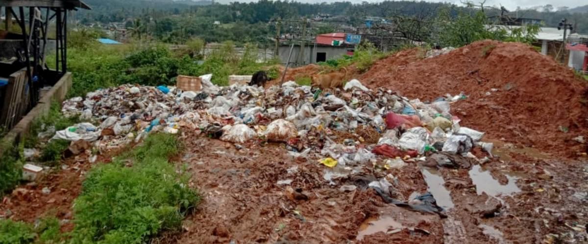 Waste collected by the civic workers has been dumped near the Somwarpet market.