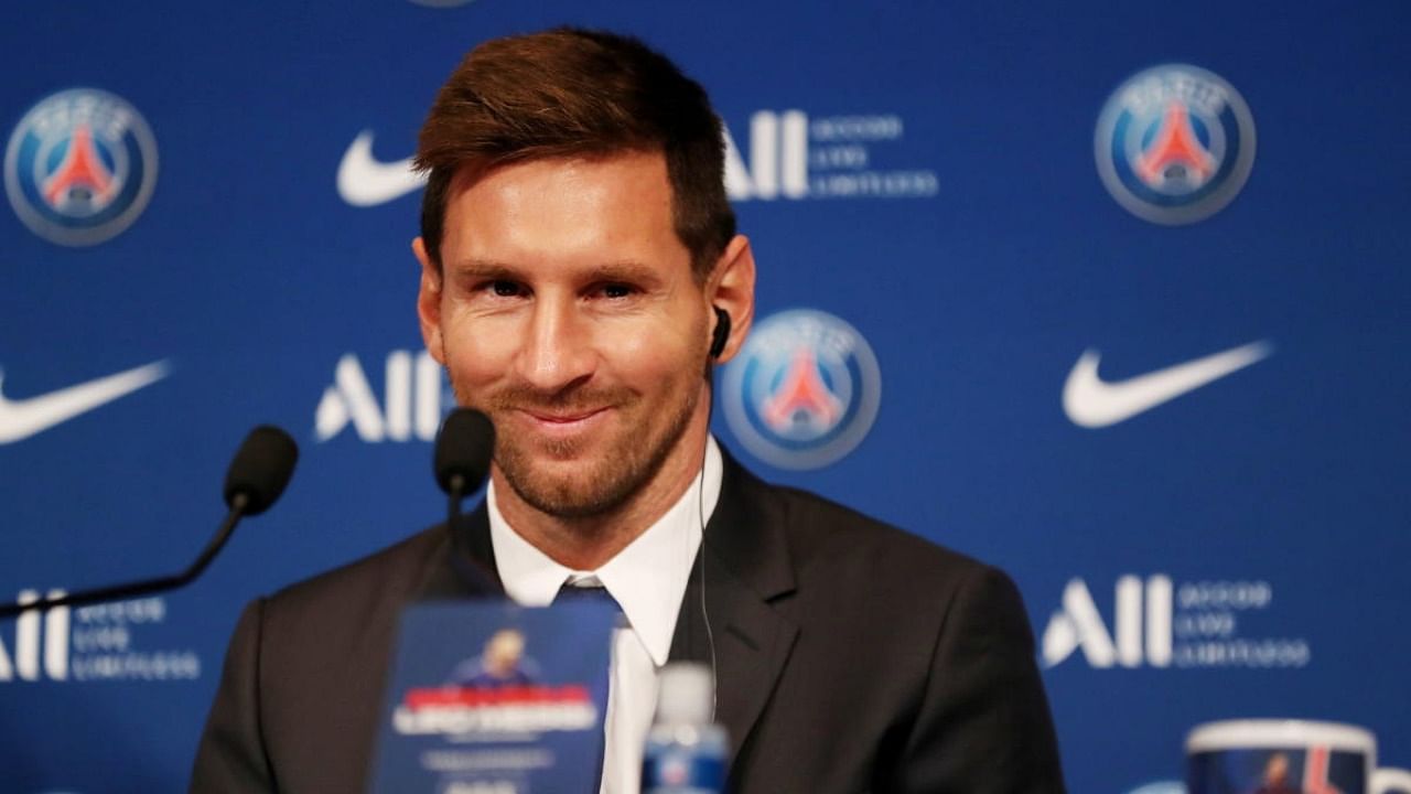 Lionel Messi Press Conference after signing for Paris St Germain. Credit: Reuters Photo