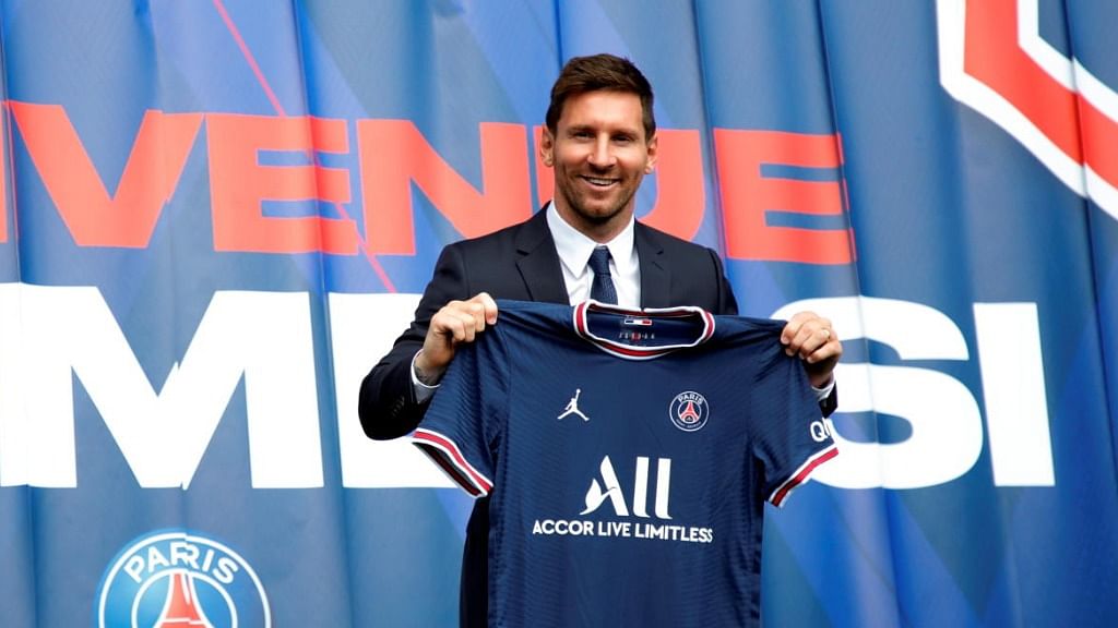  Lionel Messi Press Conference after signing for Paris St Germain - Parc des Princes, Paris. Credit: Reuters Photo