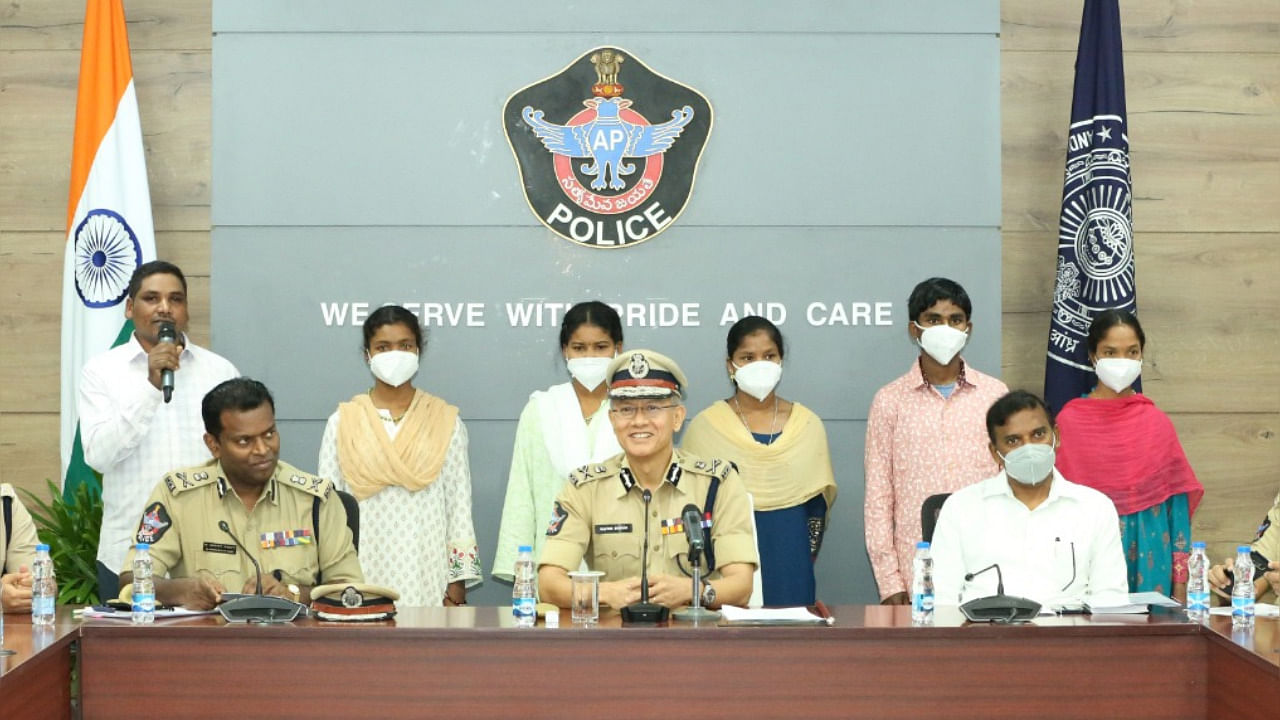  Andhra Pradesh DGP Gautam Sawang presenting the six CPI Maoists of Andhra-Odisha Border Special Zone – including a divisional committee member and two former bodyguards of top leader Akkiraju Harigopal alias RK– before the media on Thursday at Mangalagiri. Credit: Special Arrangement