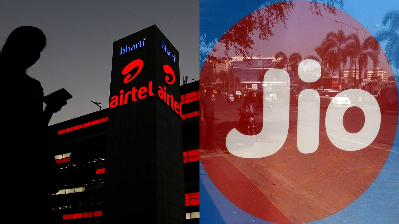 <div class="paragraphs"><p>The logo of Bharti Airtel on top of a building (left); logo of Reliance Jio (right).</p></div>