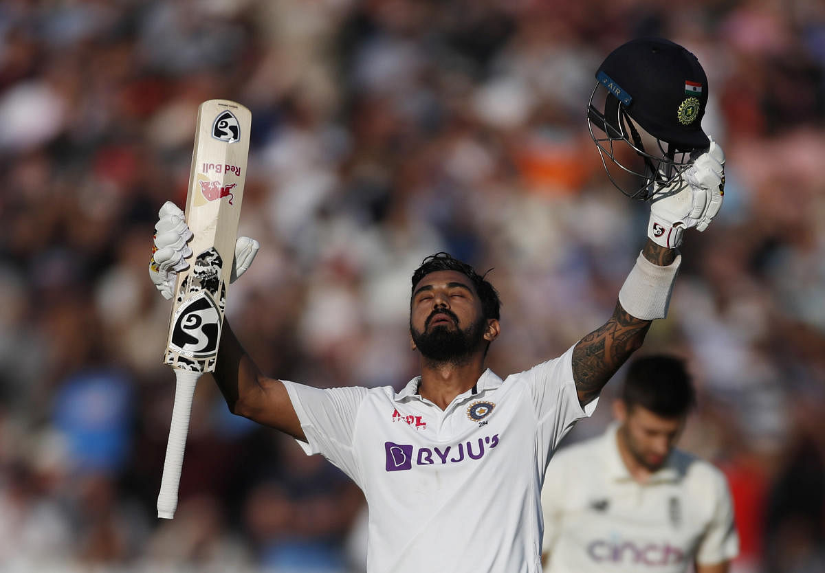 KL Rahul, who last scored a century nearly three years ago, celebrates after reaching triple figures on the opening day of the second Test. Reuters