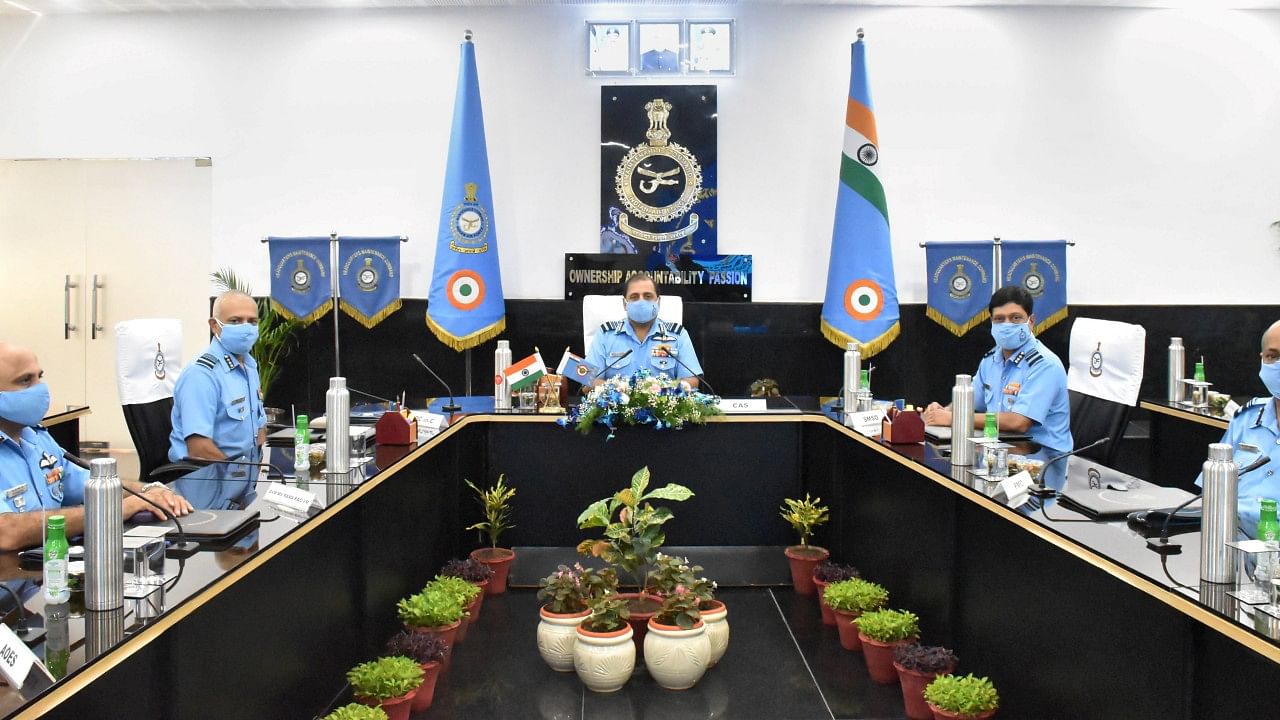 Air Chief Marshal RKS Bhadauria attends the Commanders’ Conference of Maintenance Command. Credit: PTI Photo
