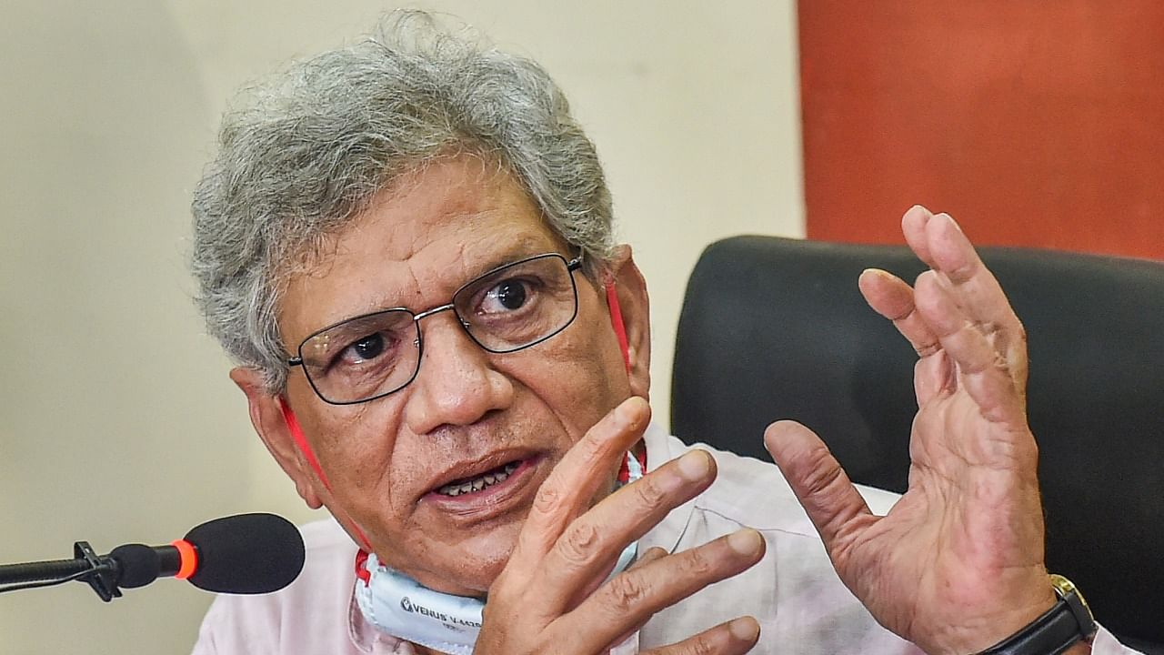 CPI(M) General Secretary Sitaram Yechury interacts with the media at the party office, in Kolkata. Credit: PTI Photo