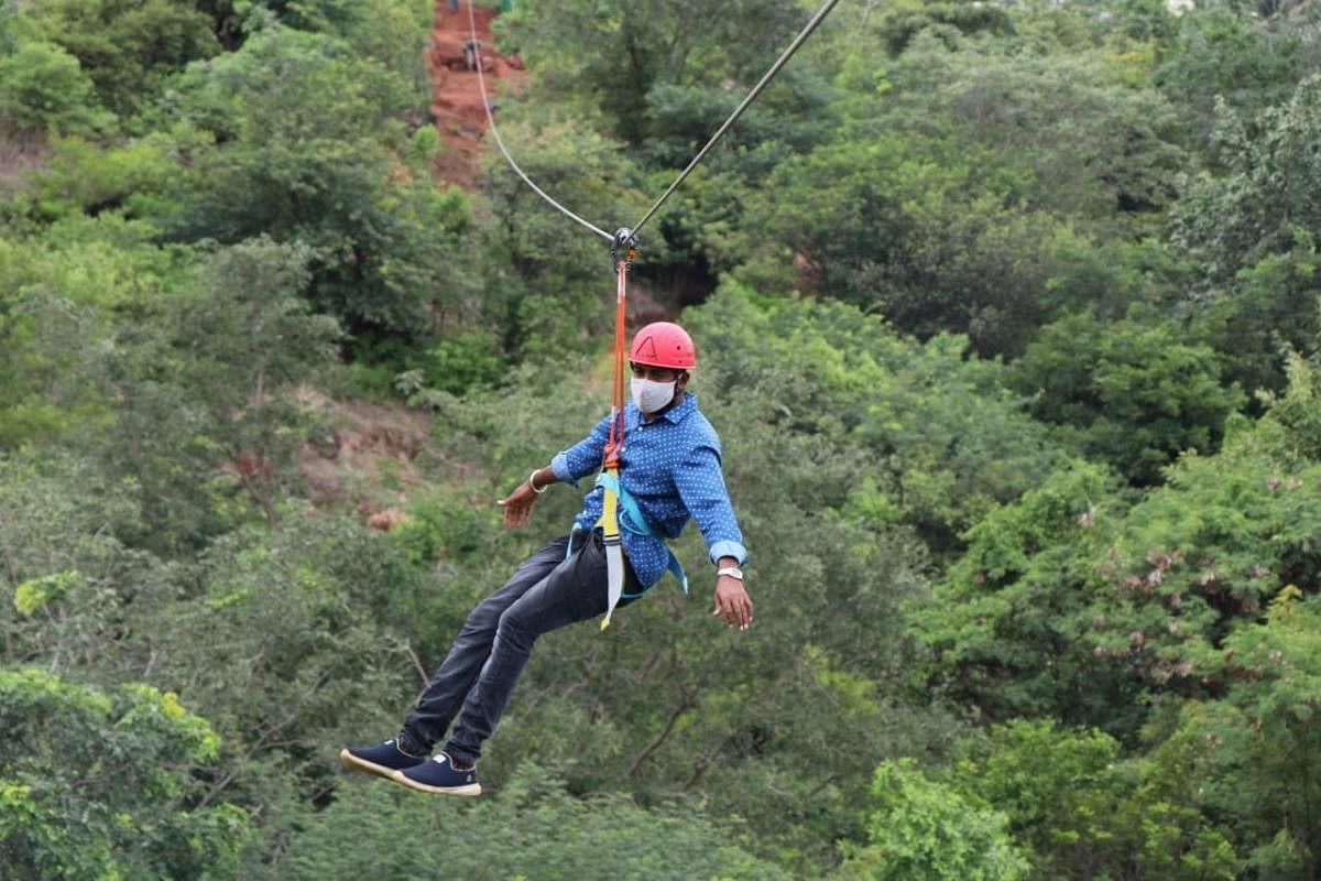 A 200-metre zipline has been used and it passes from one side of Maradigudda to the other crossing a depth of 80 feet. Credit: DH Photo