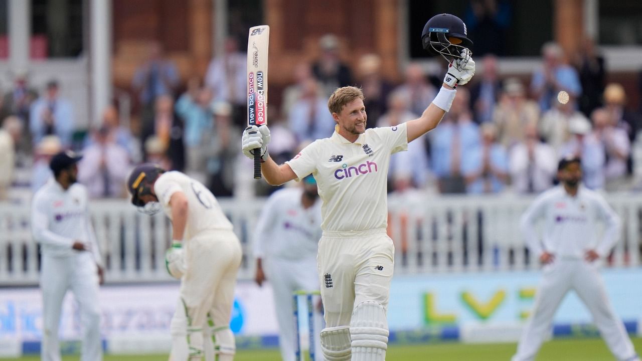 England's Joe Root celebrates after scoring a century during Day 3 of the 2nd England-India at Lord's cricket ground in London. Credit: AP/PTI Photo