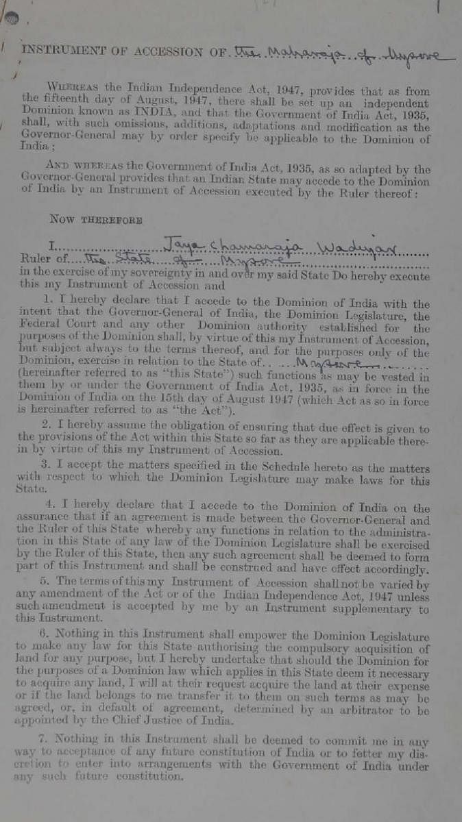 Instrument of accession signed by Mysore’s Maharaja. Image courtesy Raja Chandra