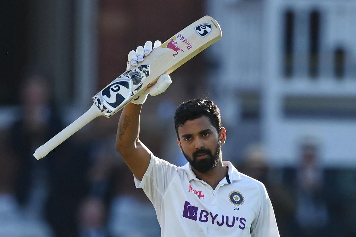 India's KL Rahul celebrates scoring a century on the first day of the second cricket Test match between England and India at Lord's cricket ground in London. Credit: AFP Photo