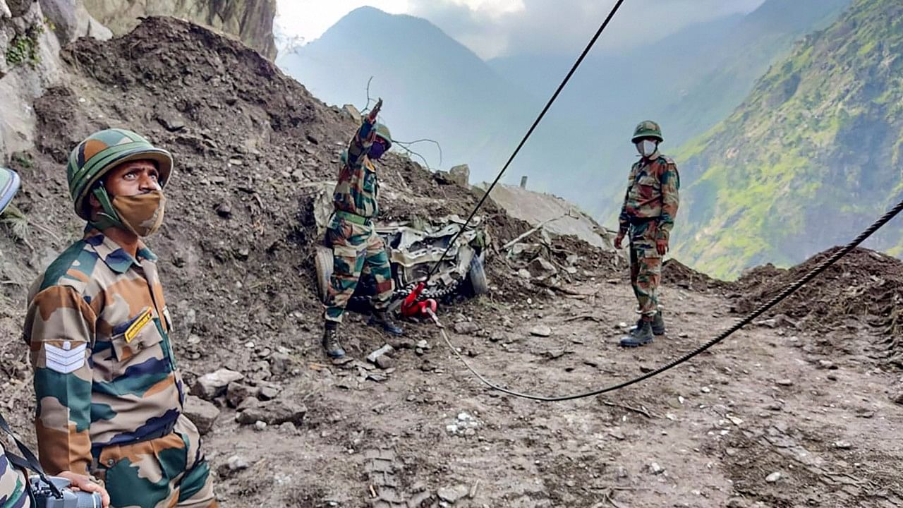 Army personnel during a rescue operation after a landslide in Kinnaur district. Credit: PTI Photo