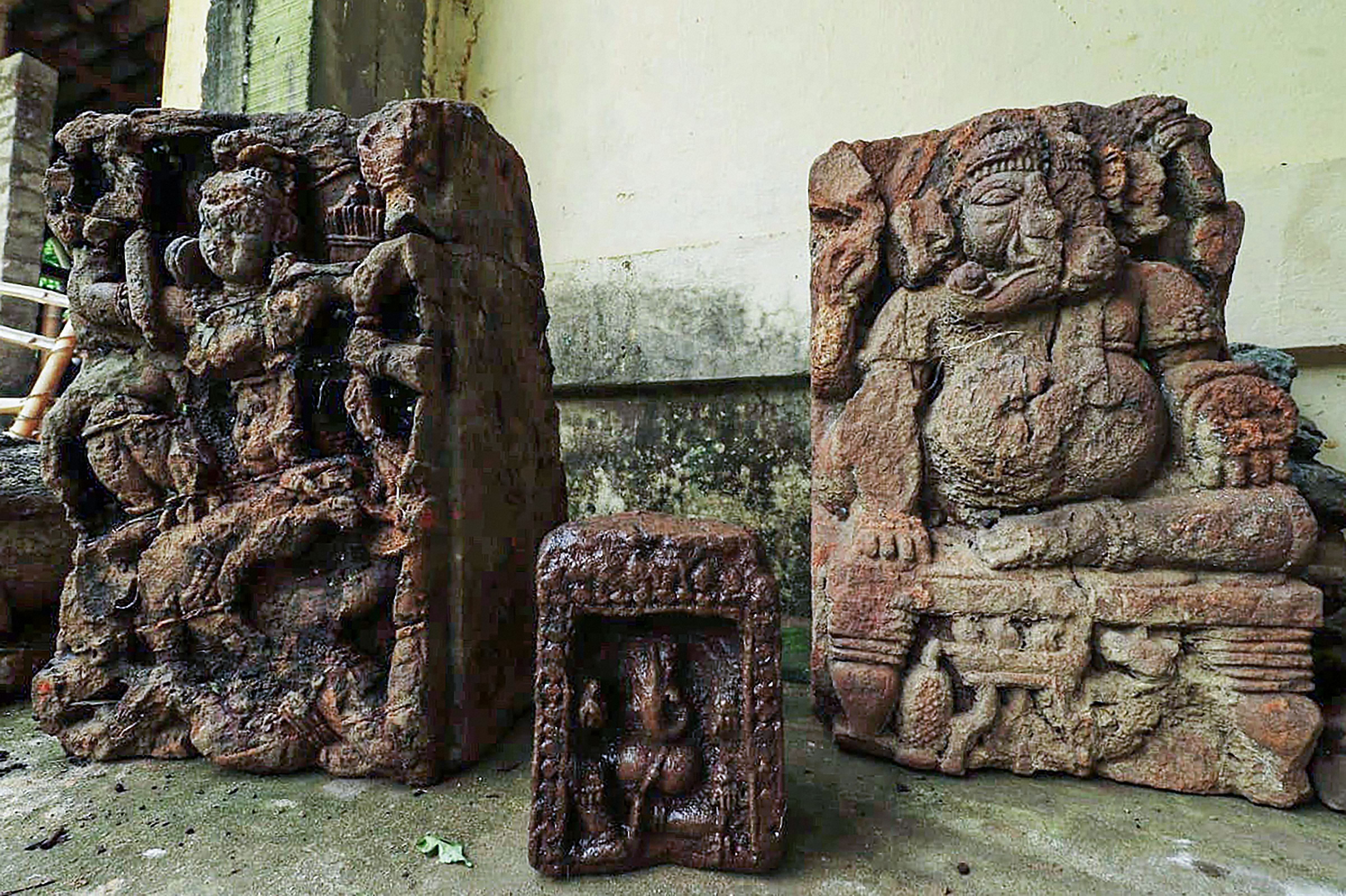 The 2 ancient idols found by 'Rediscover Lost Heritage' team during a survey of the Ratnachira Valley, near Satasankha in Puri. Credit: PTI Photo