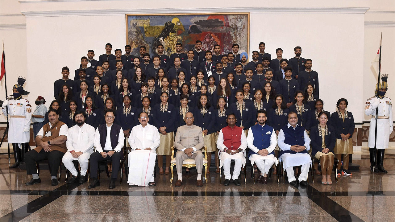 The President of India, Ram Nath Kovind in a group photo with the Indian Contingent of the Tokyo Olympics 2020. Credit: PTI Photo