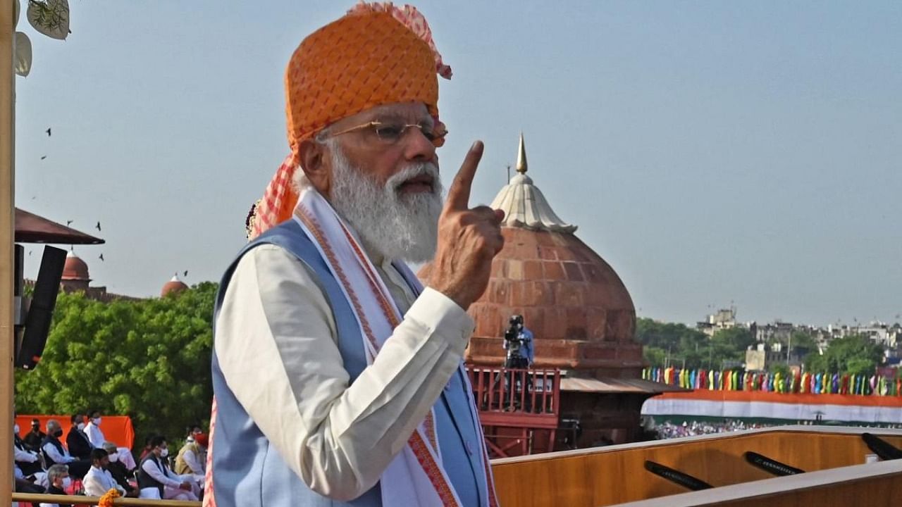 Indian Prime Minister Narendra Modi addresses the nation from the ramparts of the Red Fort during the celebrations to mark India’s 75th Independence Day in New Delhi. Credit: AFP Photo