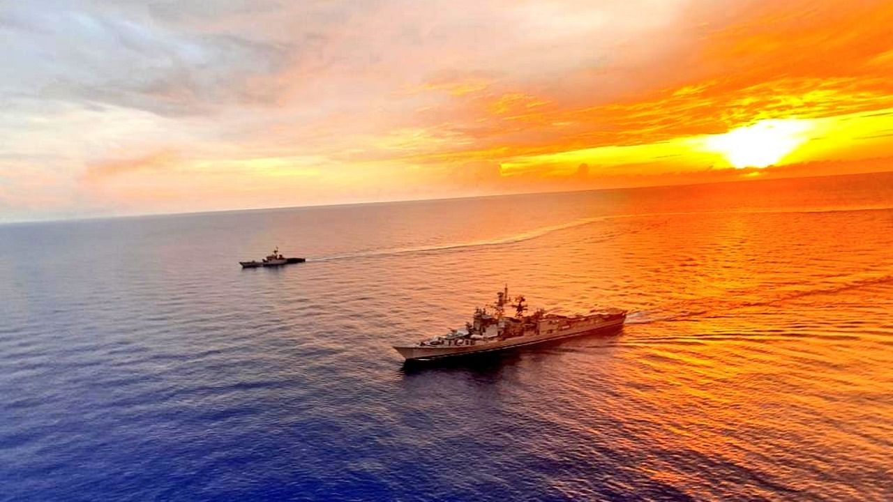 The Indian Navy vessels have been holding joint drills with the US Navy’s warships returning from deployment in South China Sea. Credit: Twitter Photo/@indiannavy