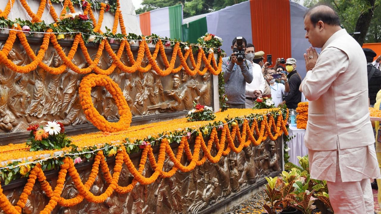 Assam CM Himanta Biswa Sarma pays tribute at the Martyrs Tomb on the 75th Independence Day, in Guwahati, Sunday. Credit: PTI Photo