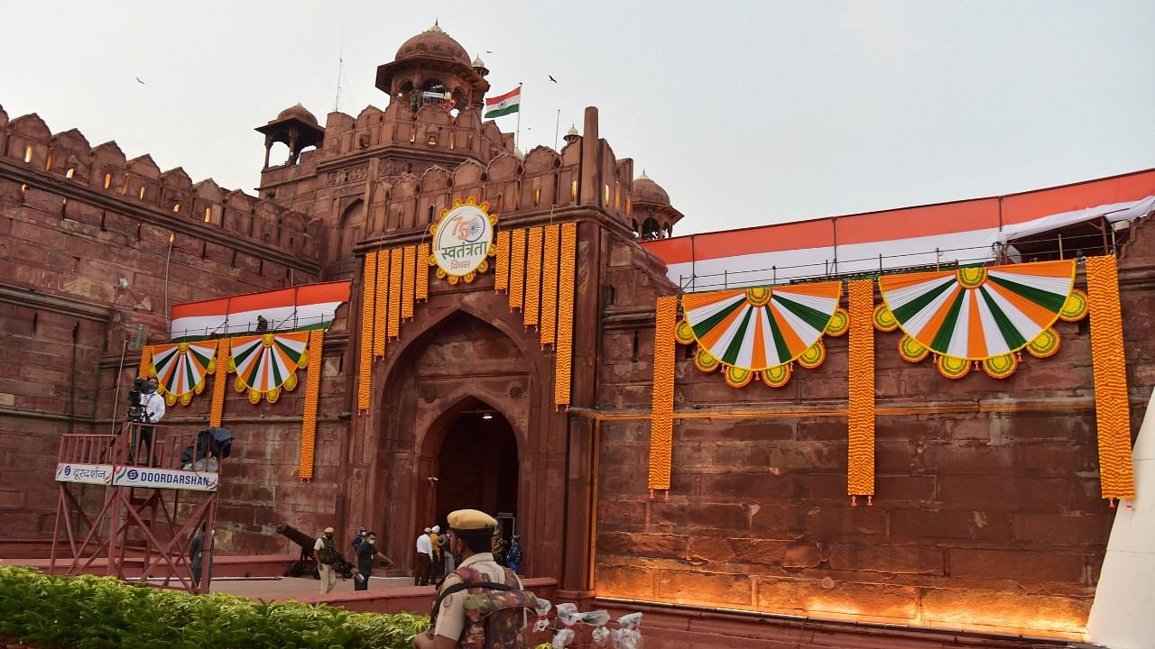 A view of the Red Fort during the full dress rehearsal for the 75th Independence Day. Credit: PTI Photo