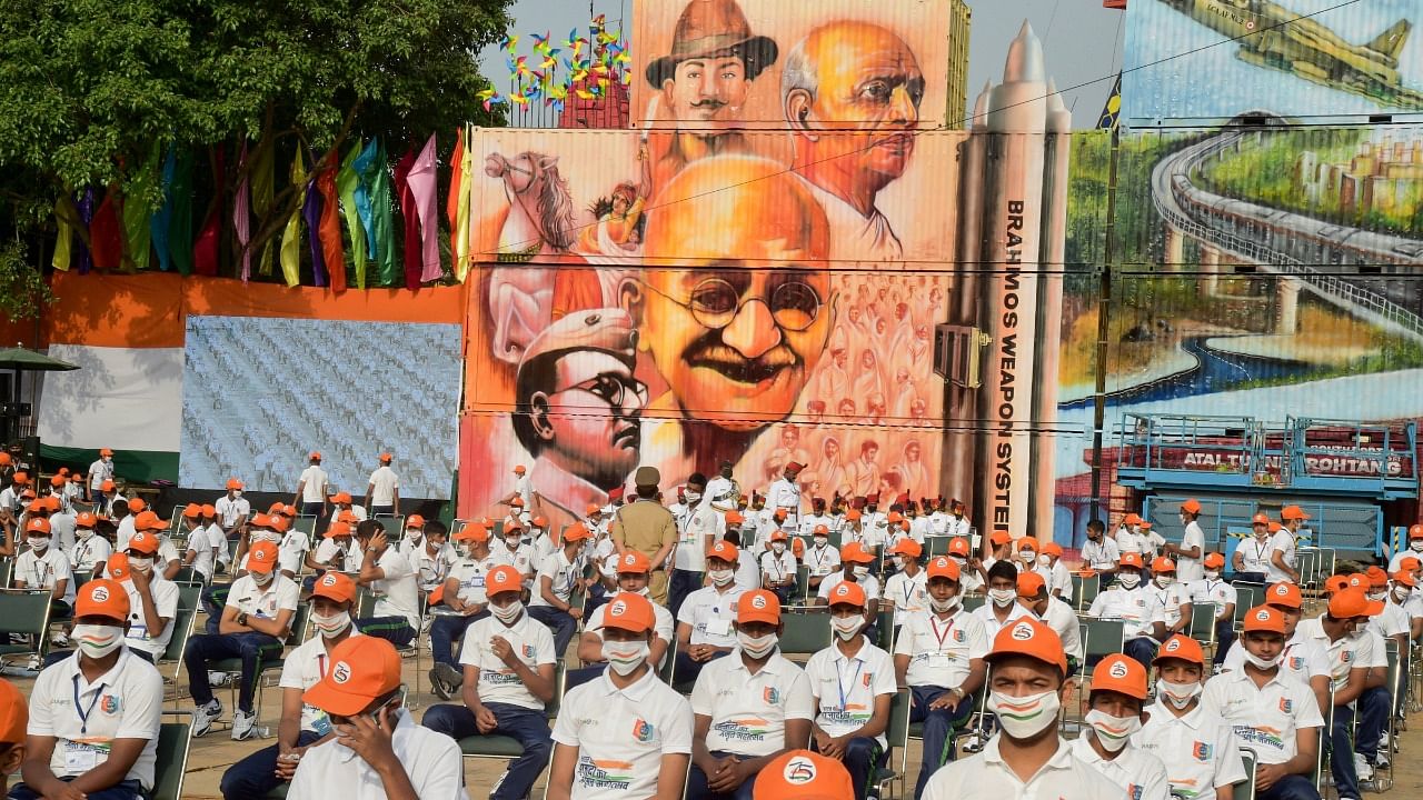 A giant mural on Mahatma Gandhi and other freedom fighters along with thematic artworks depicting India's military might. Credit: PTI Photo
