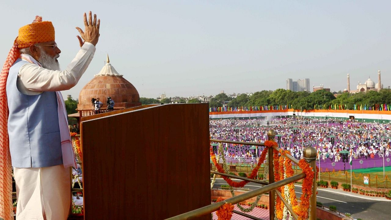 Prime Minister Narendra Modi addresses to the nation on the occasion of the 75th Independence Day celebrations. Credit: PTI Photo