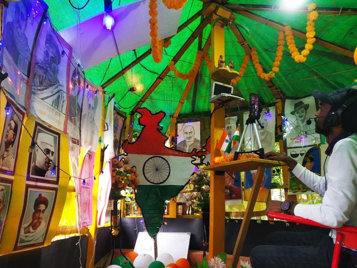 Teacher C S Satish takes part in the Independence Day programme online, in his self-made classroom.