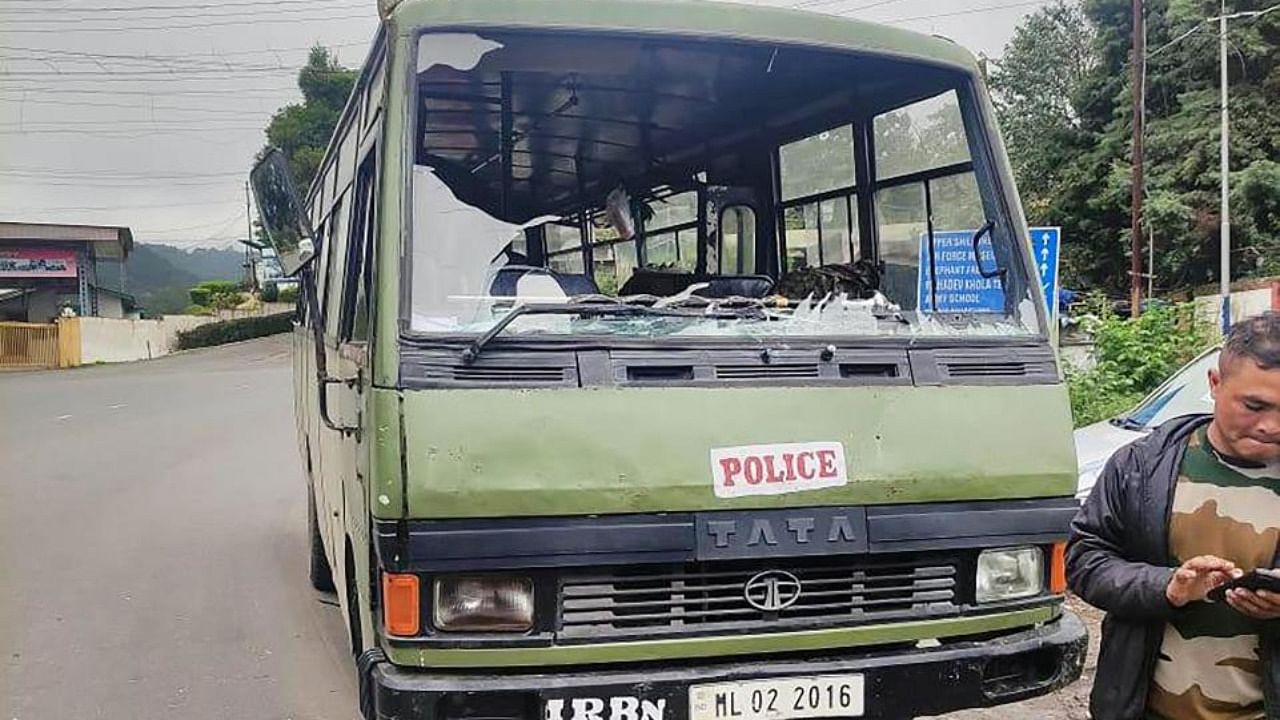A police vehicle vandalised by miscreants after the death of banned Hynniewtrep National Liberation Council (HNLC) former leader Cheristerfield Thangkhiew, during a search operation at his house for his suspected involvement in an IED blast incident, in Shillong. Credit: PTI Photo