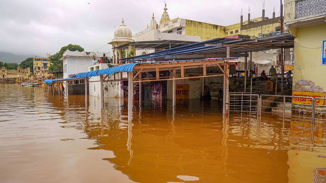 A waterlogged area following heavy monsoon rain in Pushkar. Credit: PTI Photo