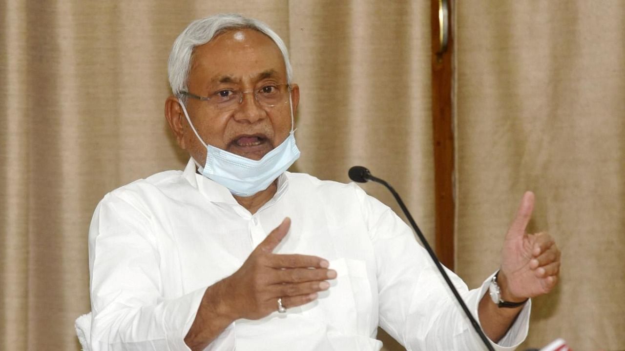  Bihar Chief Minister Nitish Kumar addresses a press conference on the ongoing surge in coronavirus cases, in Patna. Credit: PTI Photo