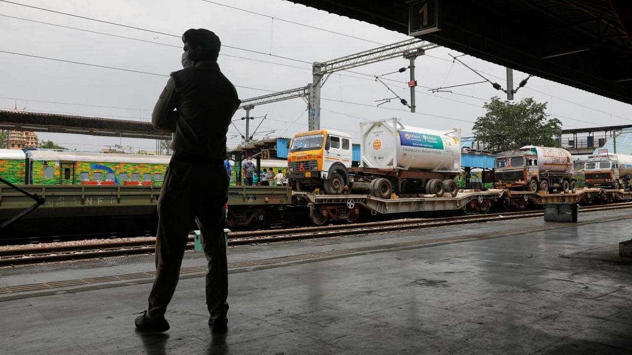 Oxygen Express Trains transport cryogenic tankers carrying liquid oxygen, in New Delhi. Credit: Reuters Photo