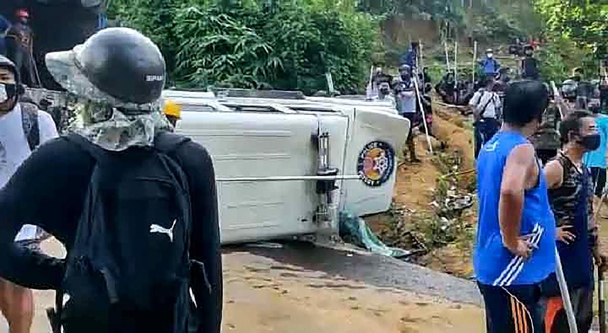 Damaged security force vehicle at the site of the Monday's clashes at Lailapur on the Assam-Mizoram border, in Cachar district. Credit: PTi Photo