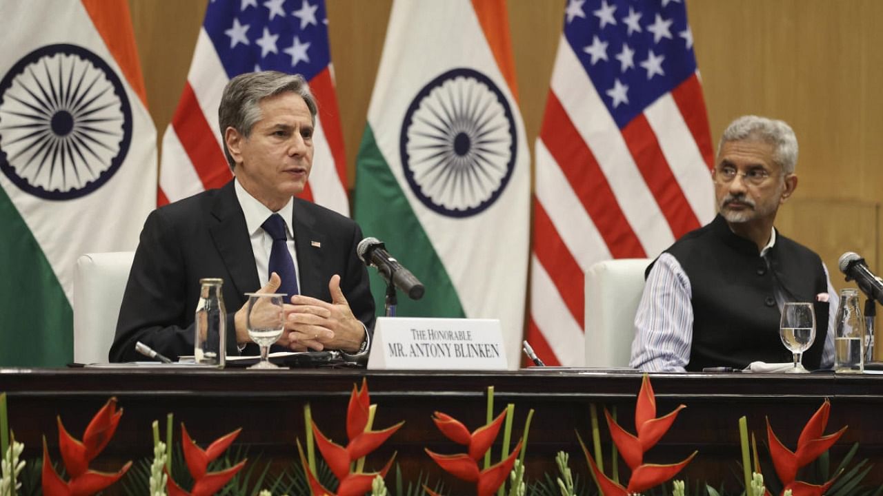 .S. Secretary of State Antony Blinken, left, speaks as Indian Foreign Minister SubrahmanyamÂ Jaishankar listens during a joint news conference at Jawaharlal Nehru Bhawan (JNB) in New Delhi. Credit: AP Photo