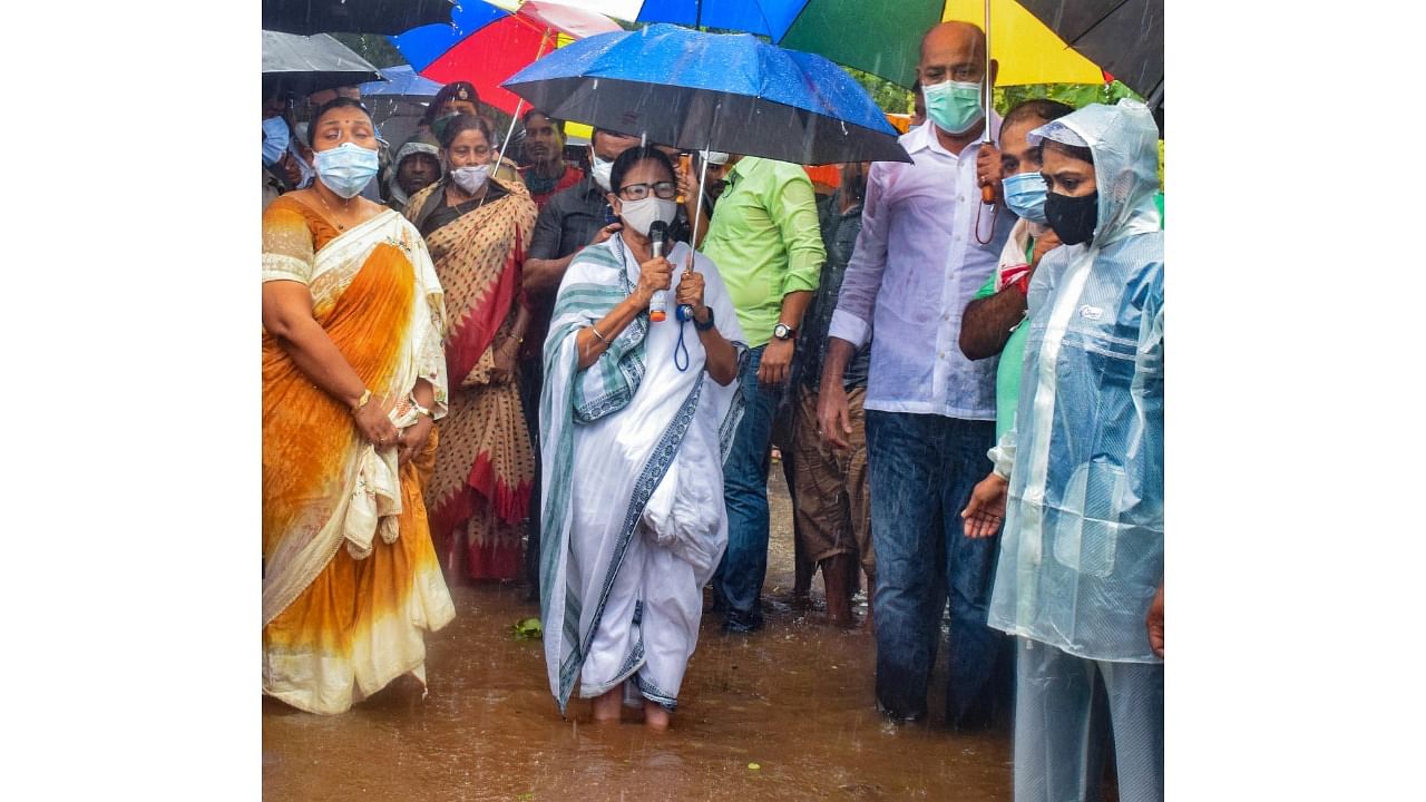 West Bengal Chief Minister Mamata Banerjee addresses during visiting flood-affected Amta area in Howrah district. Credit: PTI Photo