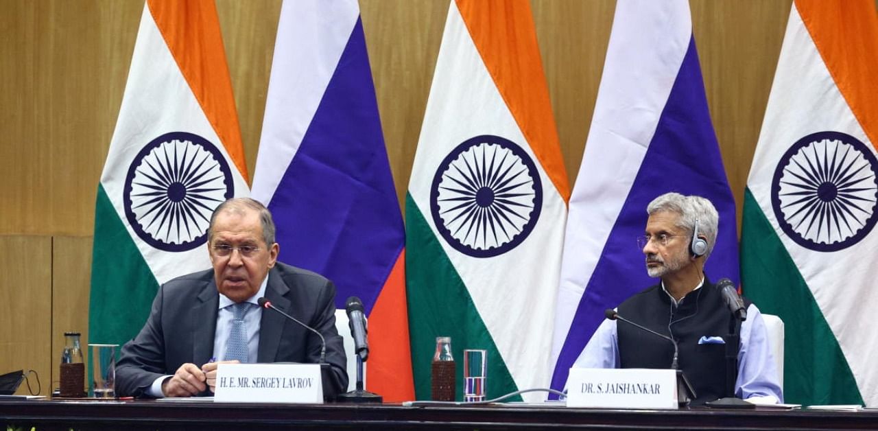 Russia's Foreign Minister Lavrov and his Indian counterpart Jaishankar attend a news conference in New Delhi. Credit: Reuters Photo