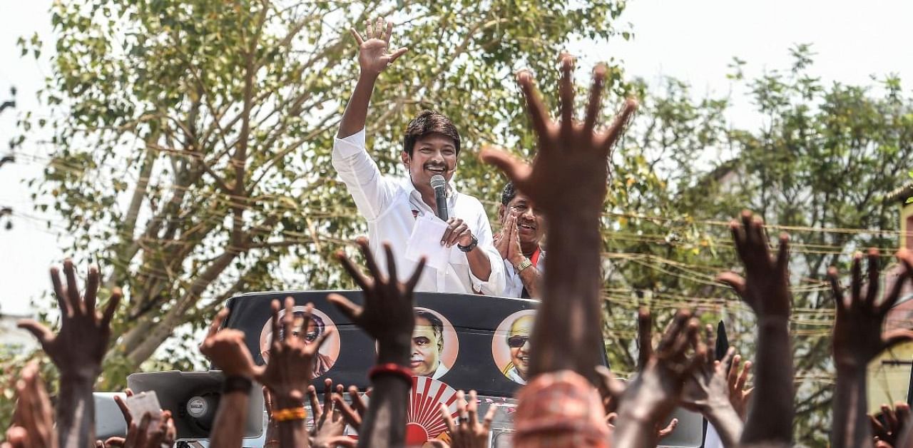Udhayanidhi Stalin at an election campaign rally. Credit: PTI Photo