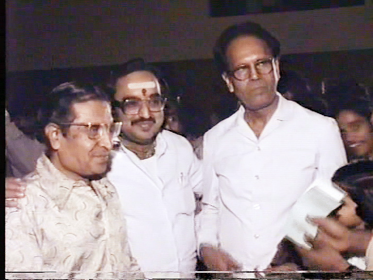 Nagendra (left) and Rajan with lyricist Chi Udayashankar. Photo by D C Nagesh