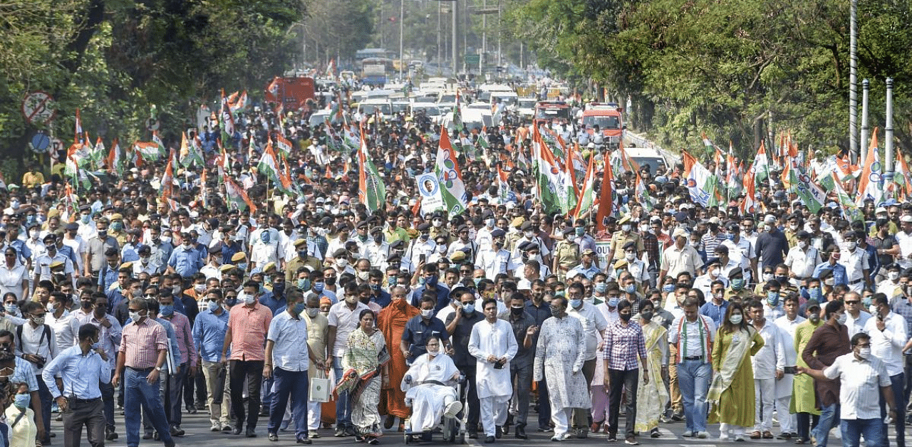 Banerjee joined the five km road show from Mayo Road to Hazra More. Credit: PTI Photo