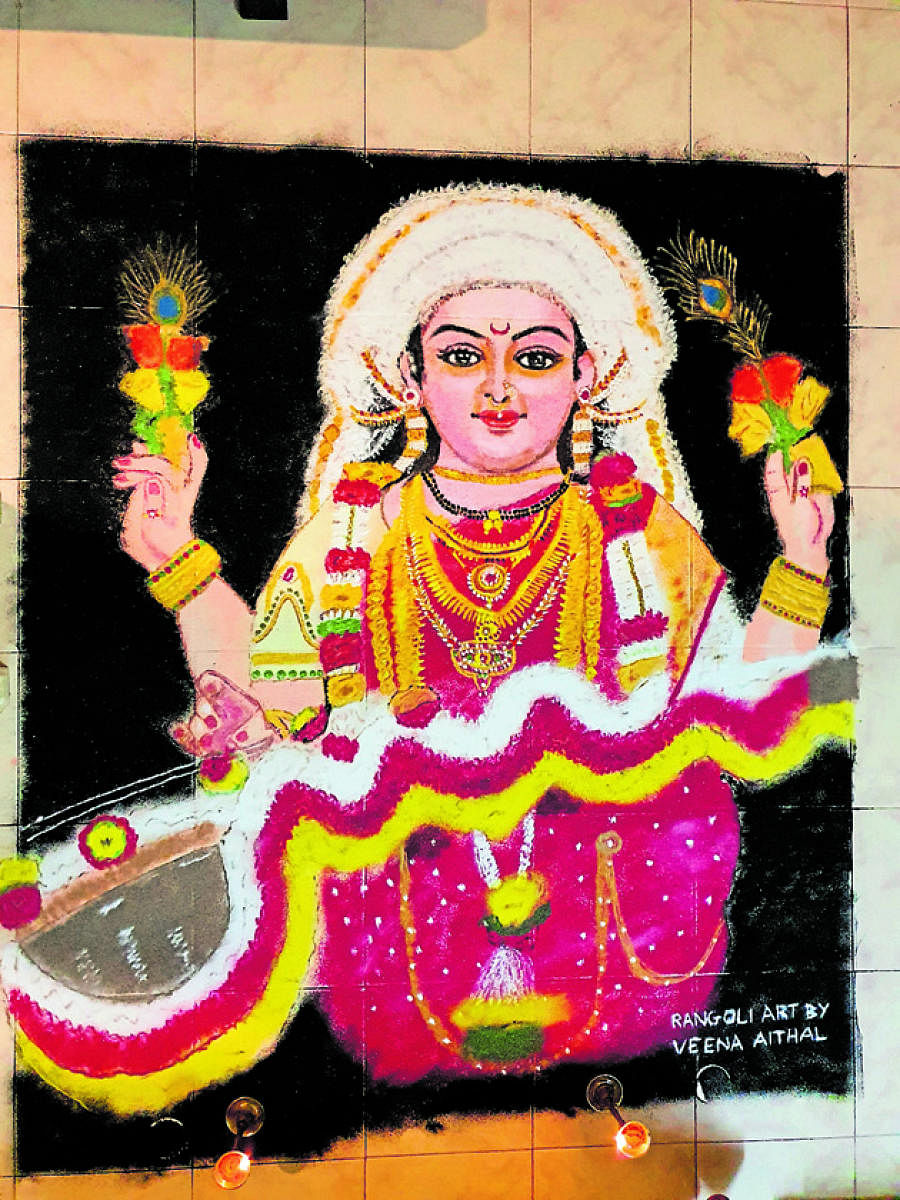 Rangoli art on Goddess Sharada by Veena Aithal.