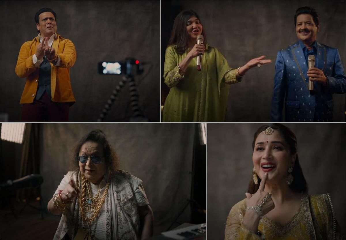The advertisement shows Bollywood icons like (clockwise) Alka Yagnik and Udit Narayan, Madhuri Dixit Nene, Bappi Lahari, and Govinda, auditioning for the Cred advertisement campaign. The actors show their best traits but fail to impress the selection comm